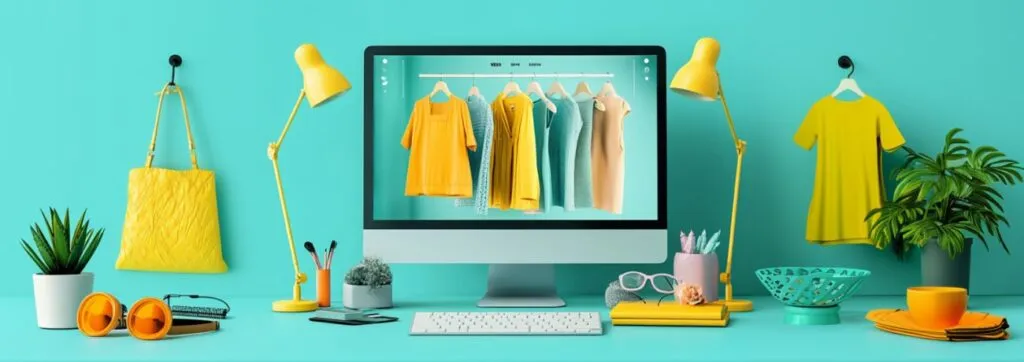 Ecommerce interface showing clothing on a rack to represent merchandising