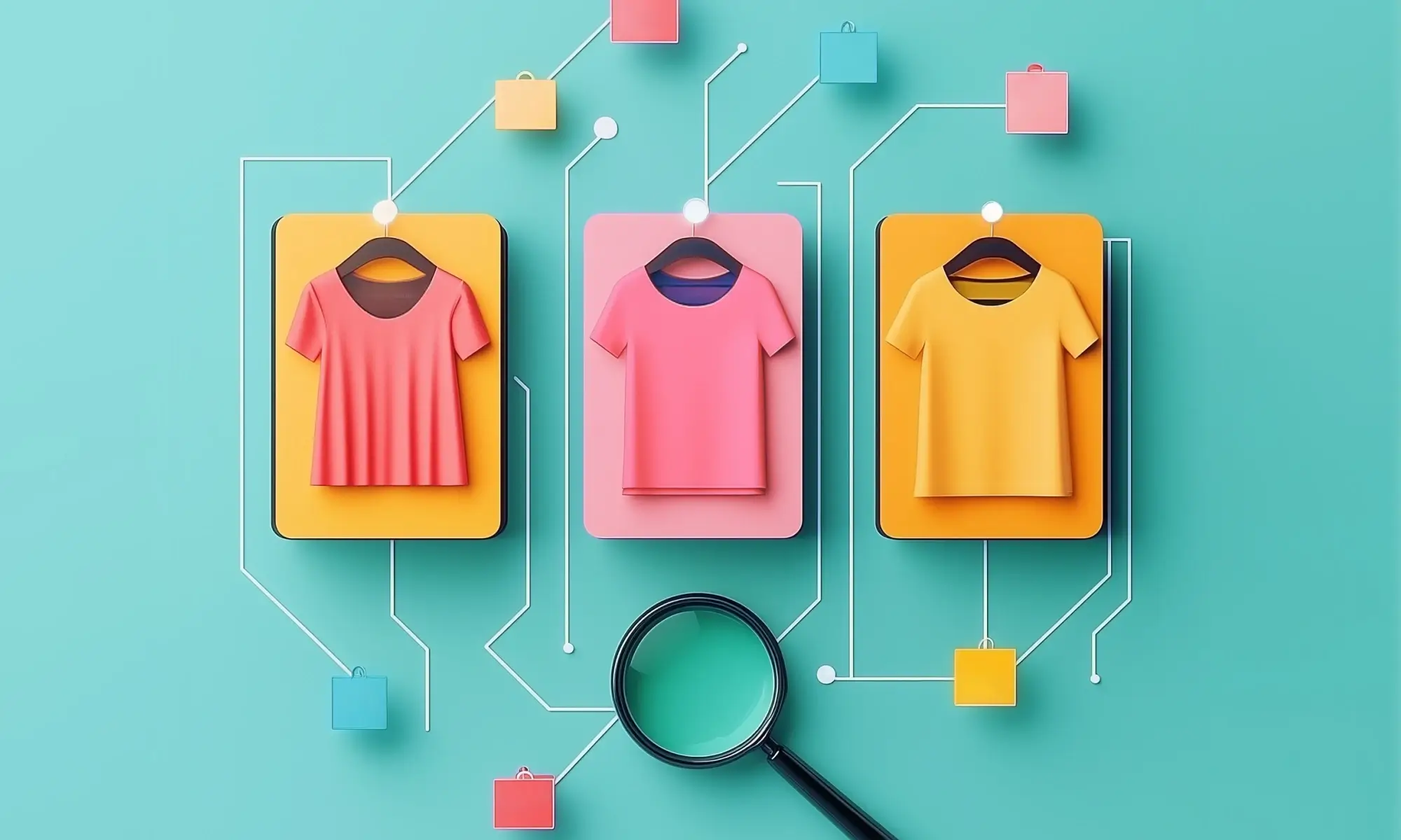 T-shirt selection with a magnifying glass and connected nodes