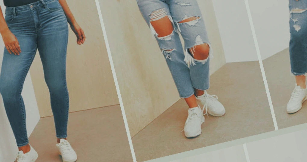 A collage of various denim jeans styles worn by models