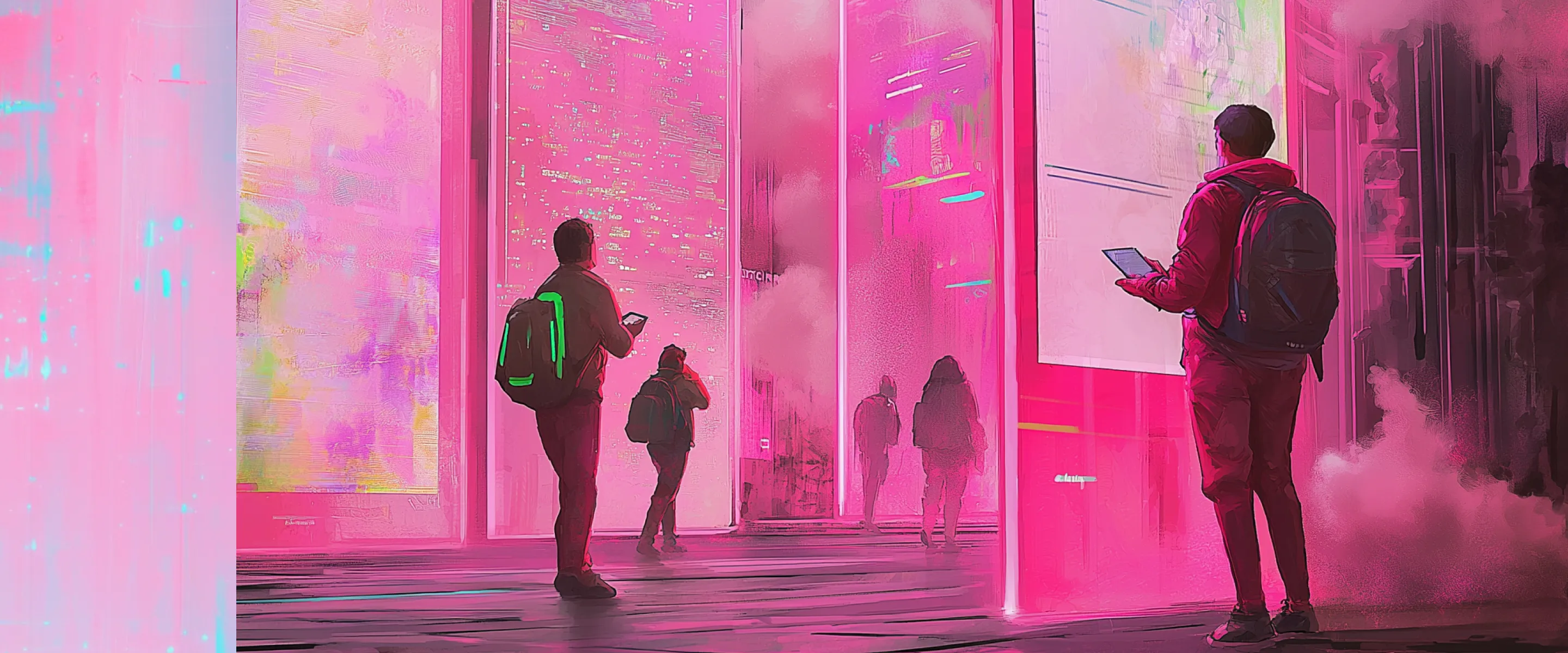 Futuristic cityscape with digital screens