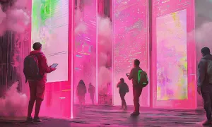 Futuristic cityscape with digital screens