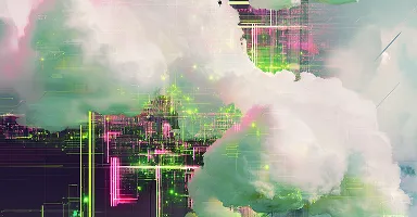 Digital cloudscape with glowing circuits
