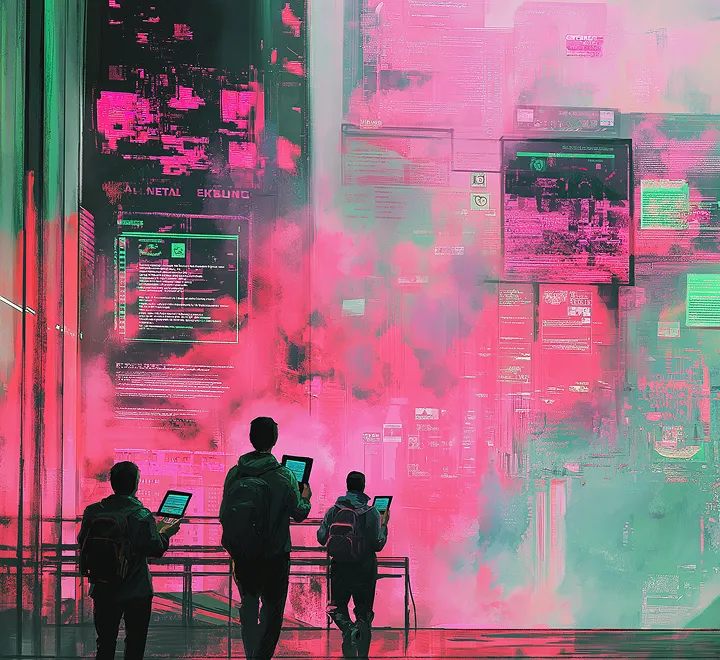 Digital metropolis with floating data screens