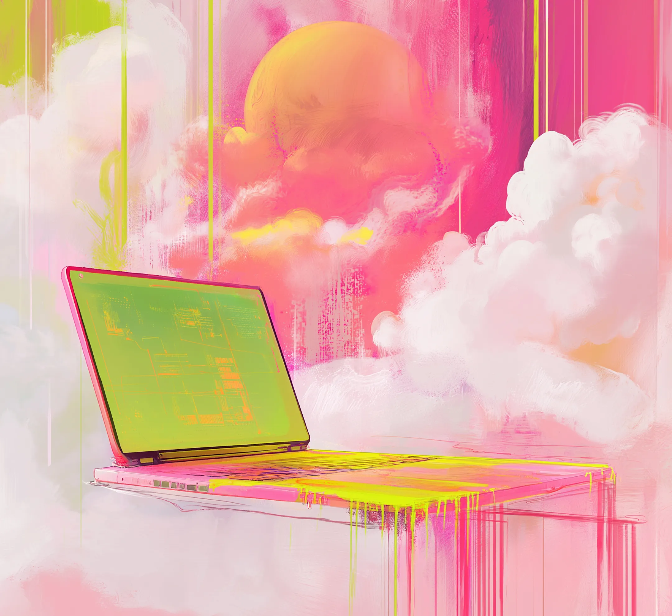 Floating neon laptop in the clouds