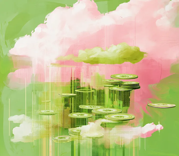 Floating digital currency coins in the clouds