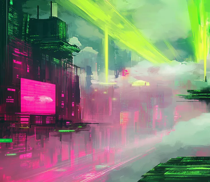 Futuristic cyber city with neon light beams
