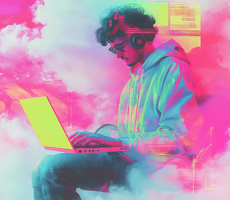 Cyberpunk programmer immersed in work