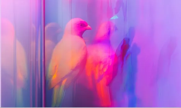 Colourful bird with many mirror reflections on purple background