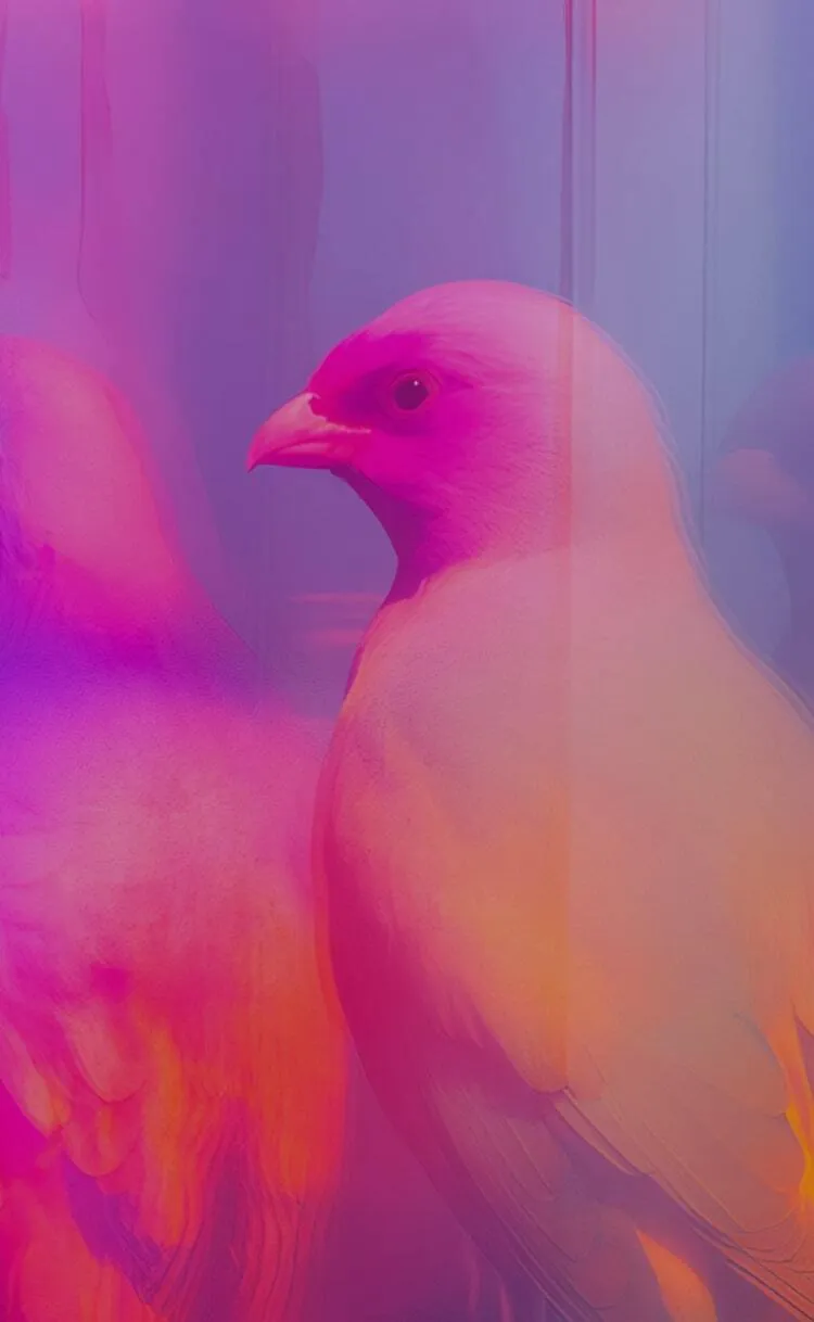 Colourful bird with many mirror reflections on purple background
