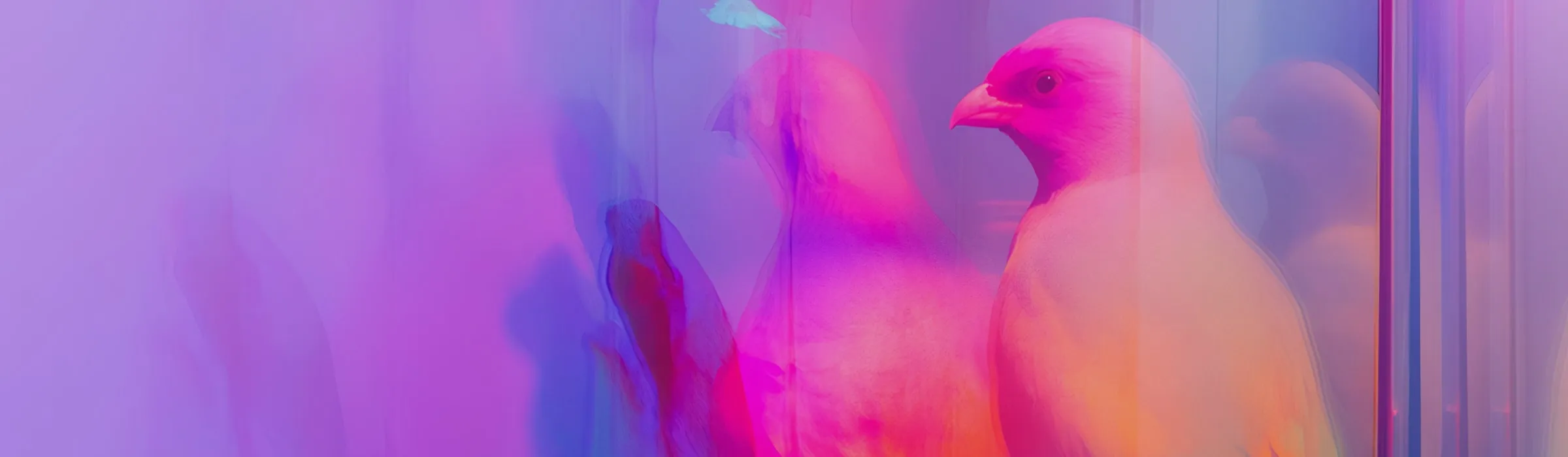 Colourful bird with many mirror reflections on purple background